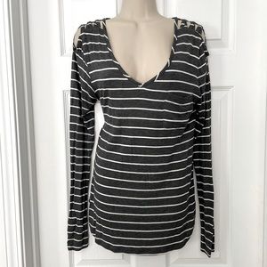Gray & White Striped Open Shoulder Top